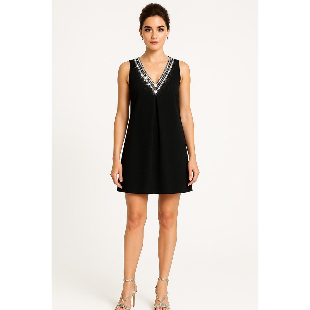 Arc & Co LBD Black A-line Dress Rhinestone Trim Open Back S Party Event Cocktail